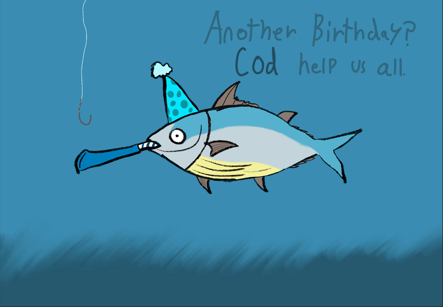 Cod Help Us All — the original hand-drawn artwork, the artist's stand-in portrait