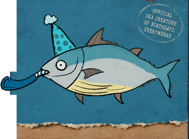 Collection 001 — tuna in a party hat blowing a party horn on torn blue paper, stamped Official Sea Creature of Birthdays Everywhere