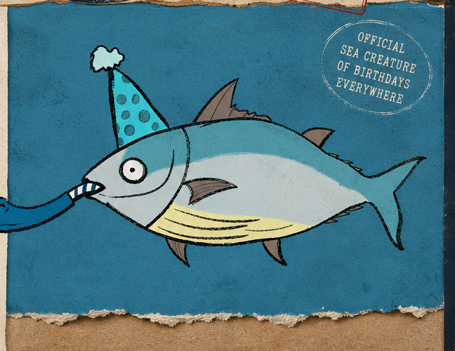 Collection 001 — tuna in a party hat blowing a party horn on torn blue paper